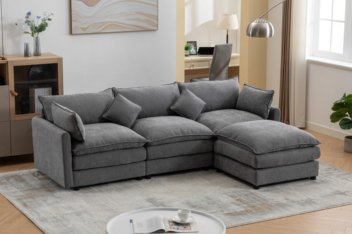 Modular Sectional Sofa, 3-Seater Sofa with Ottoman, Modern L-Shaped Sofa for Living Room Bedroom Apartment