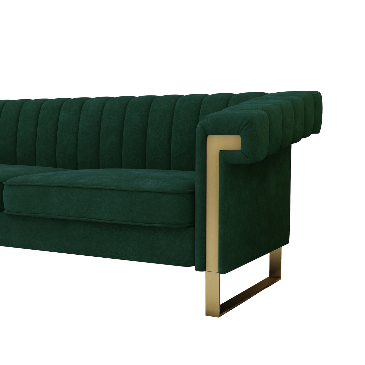 FX-P81-RG2  RETRO GREEN SOFA Modern Cream Velvet Sofa with Gold Accents - Sleek Channel-Tufted Upholstery, 3-Seat Couch for Living Room and Office Decor