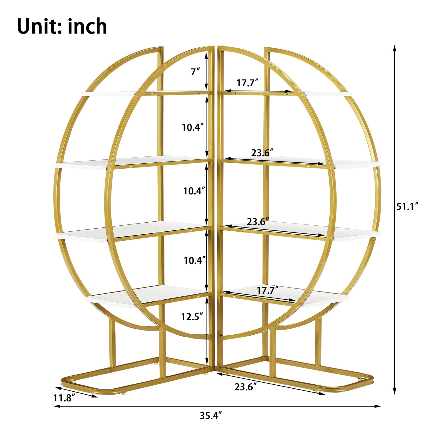 4 Tiers Home Office Open Bookshelf, Round Shape, Different Placement Ways, MDF Board, Gold Metal Frame, White