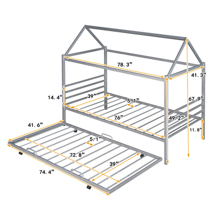 Twin Size Metal House Shape Platform Bed with Trundle,Silver