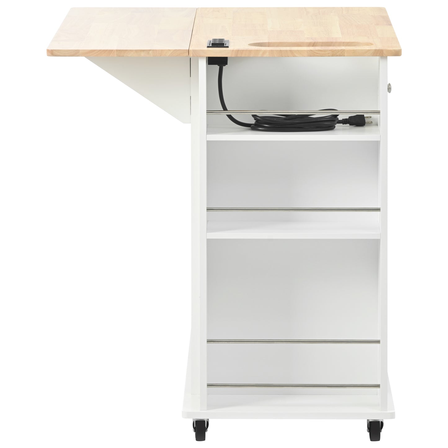 Kitchen Island with Power Outlet,Kitchen Storage Island with Drop Leaf and Rubber Wood,Open Storage and Wine Rack,5 Wheels,with Adjustable Storage for Home, Kitchen, and Dining Room,White