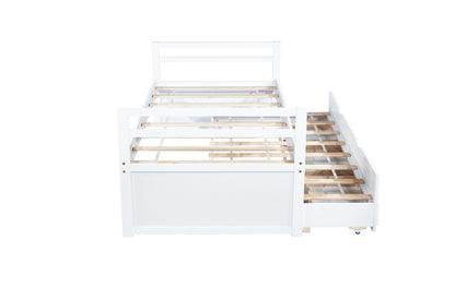 Twin Size Bed with Headboard, Footboard, Trundle and Three Storage Drawers, Twin Size Pine Wood Bed with Headboard, Footboard,White