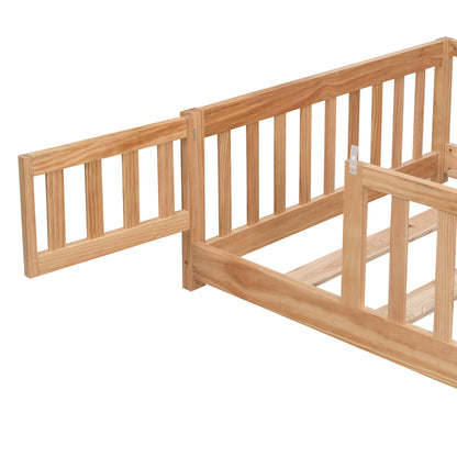 Queen Size Floor Bed with Door, Solid Wood Platform Bed Frame with Fence , Suitable for children , Pine Wood , Natural