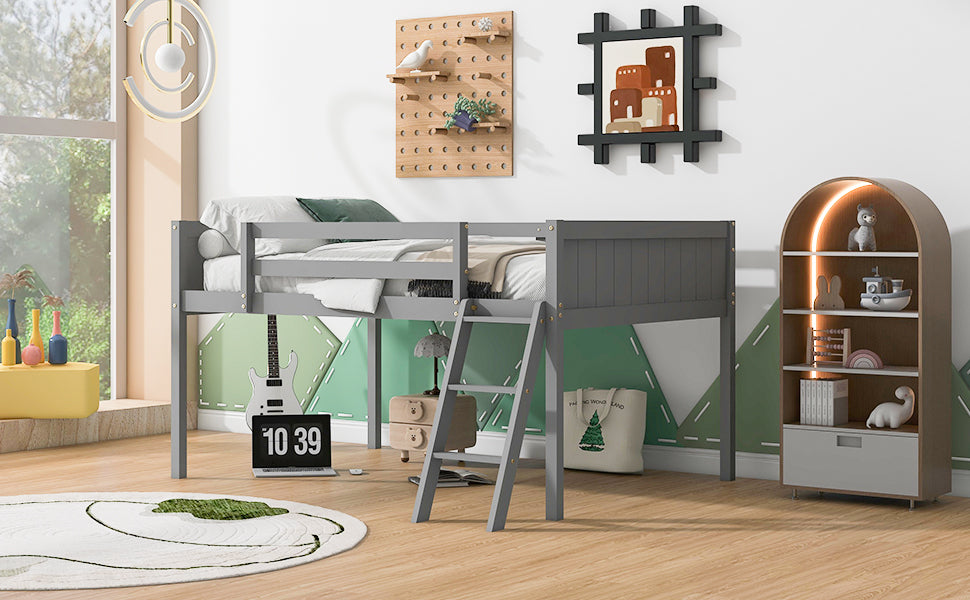 Full Size Wood Low Loft Bed with Ladder, ladder can be placed on the left or right, Gray (Old SKU:GX000366AAE)