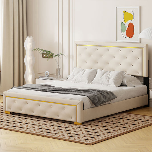 Queen Size Upholstered Platform Bed With Pull Point Headboard And Metal Wire Frame At The Head And Foot Of The Bed, Metal Feet, Velvet, Beige