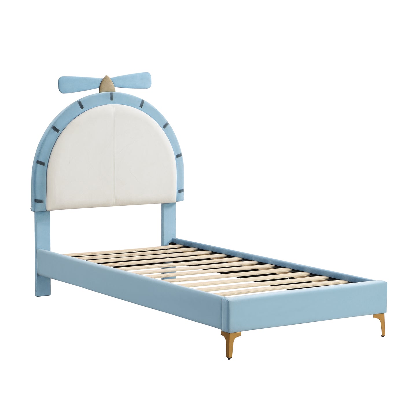 Twin Size Upholstered Platform Bed with Alarm Clock Shaped Headboard, Blue