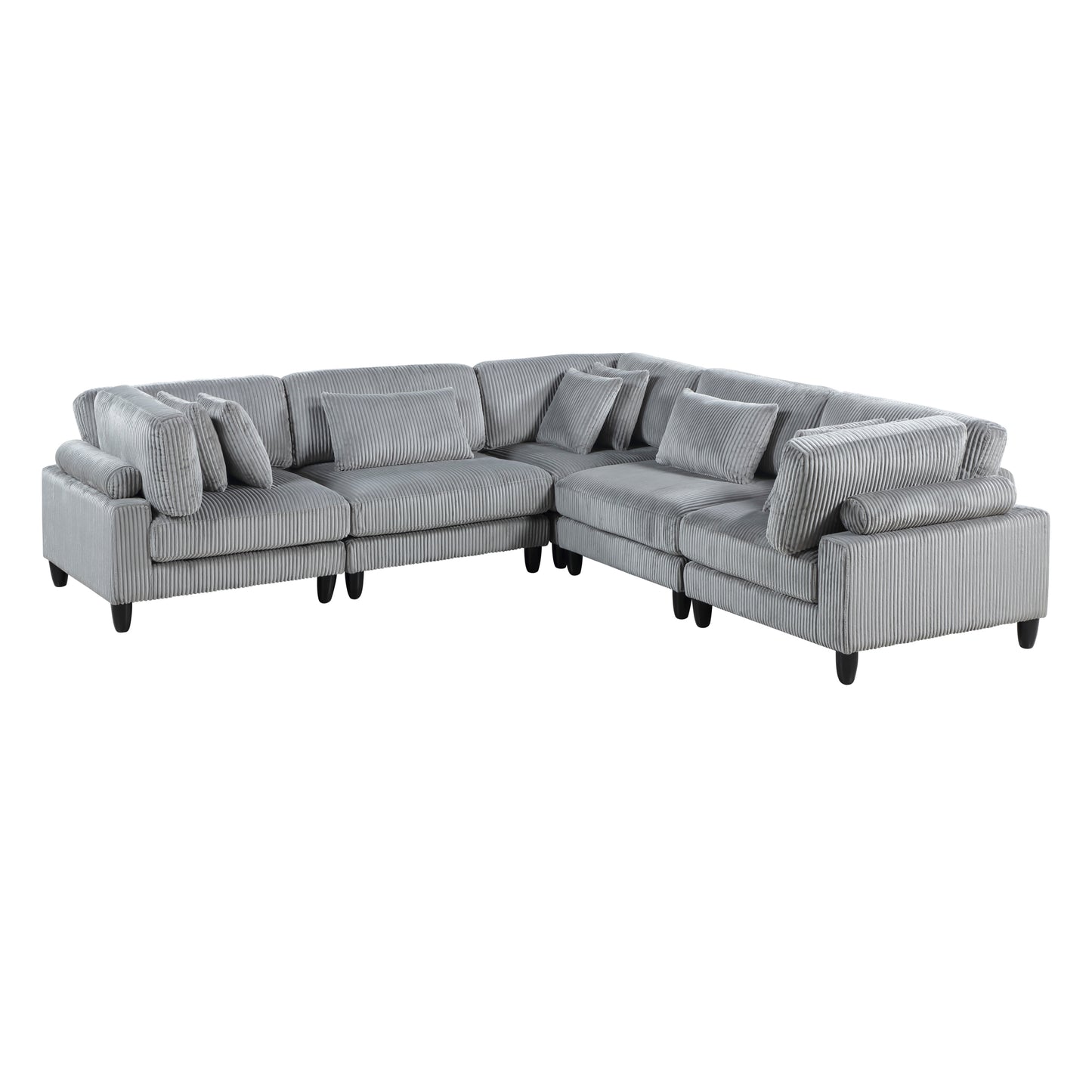 5pc Modular Sectional Set Gray Corduroy Upholstery 2x Armless Chairs 3x Corner Seats Soft Pillows Living Room Furniture
