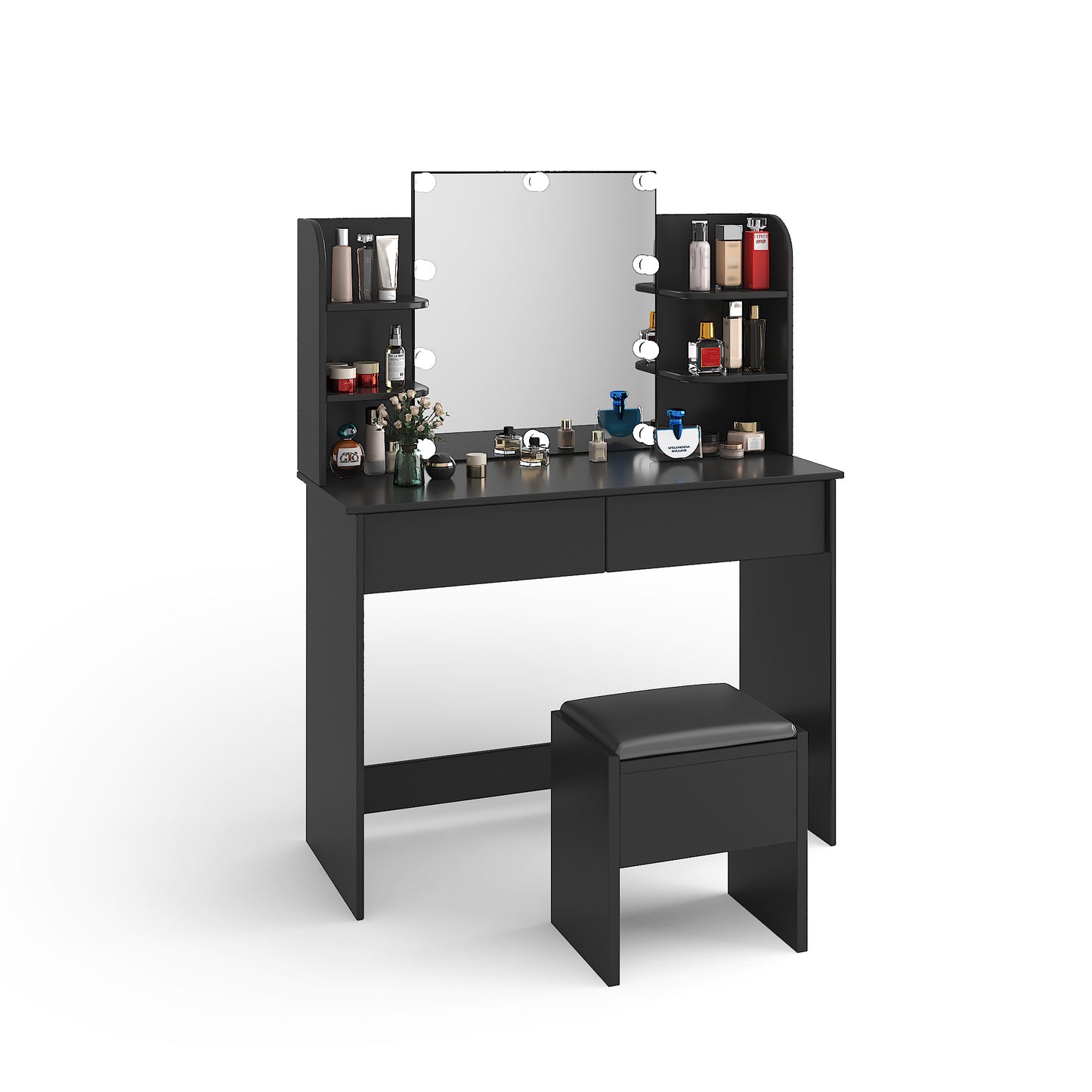 Modern Dressing table with 2 Drawers, 4 open shelves Rectangular Makeup Table with Mirror, 10-lamp bulb,,42.52*15.75* 52.76inch,for Bedroom, Black