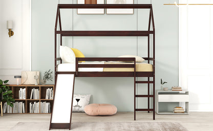 Twin Loft Bed with Slide, House Bed with Slide,Espresso(OLD SKU :WF286245AAP)