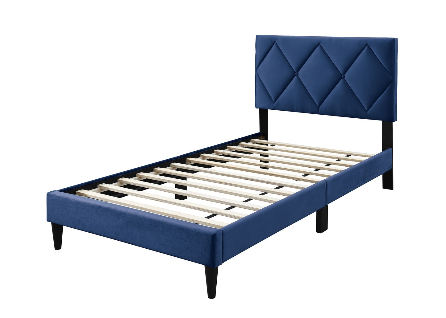 Twin Size Bed w Adjustable Headboard 1pc Bedframe, Navy Blue Velvet Upholstered Youth Bedroom Furniture