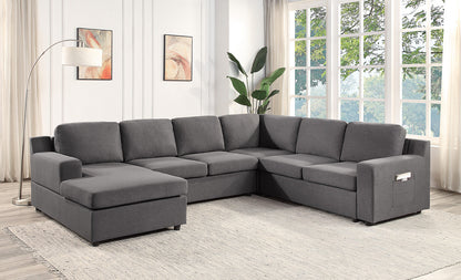 Waylon 119.5" Gray Linen 6-Seater U-Shape Sectional Sofa Chaise and Pocket