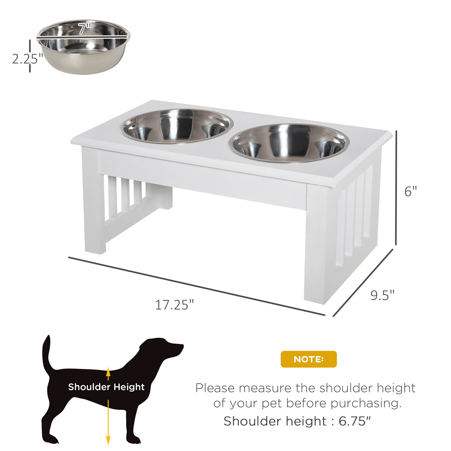 PawHut 6" Height Small Puppy Dog Feeding Station for Messy Pets, Stainless Steel Elevated Dog Bowls with Modern Wooden Frame, Dog Food Stand Pet Feeding Station, White