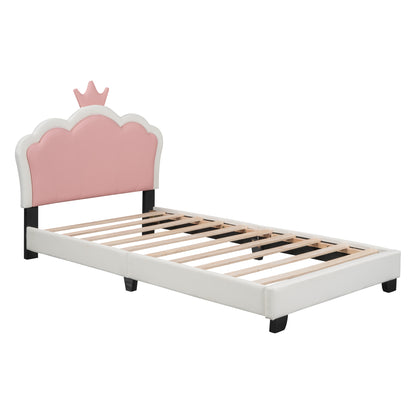 Twin size Upholstered Princess Bed With Crown Headboard,Twin Size Platform Bed with Headboard and Footboard, White+Pink