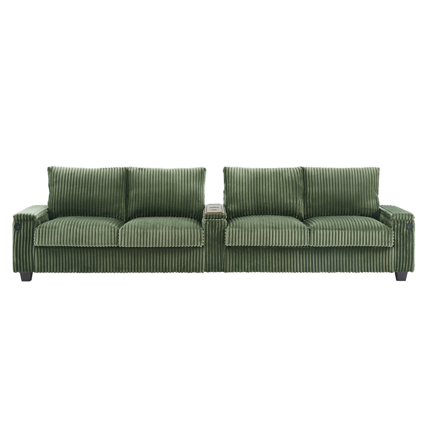 Modern 4-Seater Corduroy Sofa with USB Ports, Hidden Storage Arms, Flip-Top Cup Holders, Green, 133'