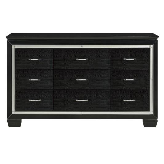 Black Finish Dresser Bold Desing 9 Drawers Glamorous Faux-Alligator Textured Fronts Wooden Bedroom Furniture