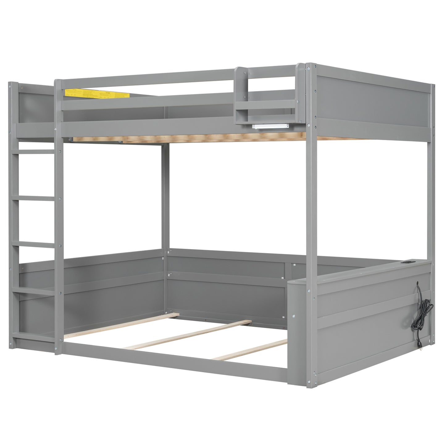 Grey Queen Size Wooden Bunk Bed with Built-in Shelves, Storage Box, LED Light and USB Charging Station, Pine Wood+MDF