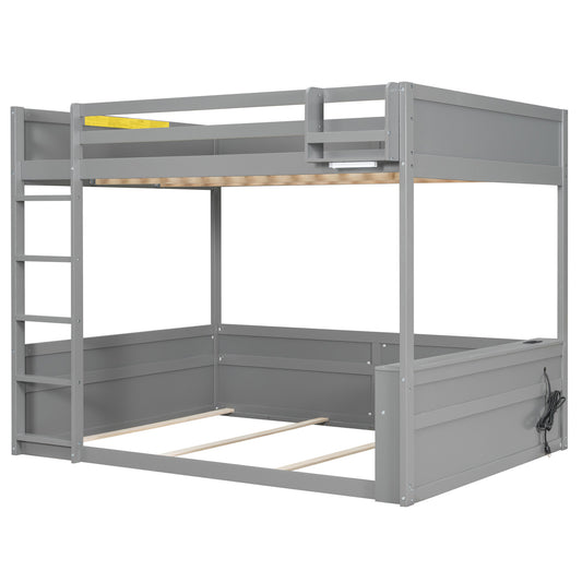Grey Queen Size Wooden Bunk Bed with Built-in Shelves, Storage Box, LED Light and USB Charging Station, Pine Wood+MDF