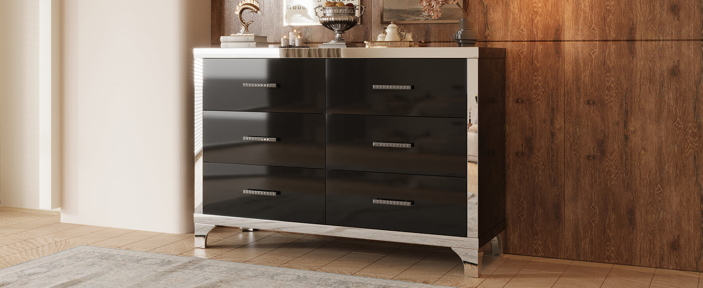 Elegant High Gloss Dresser with Metal Handle,Mirrored Storage Cabinet with 6 Drawers for Bedroom,Living Room,Black