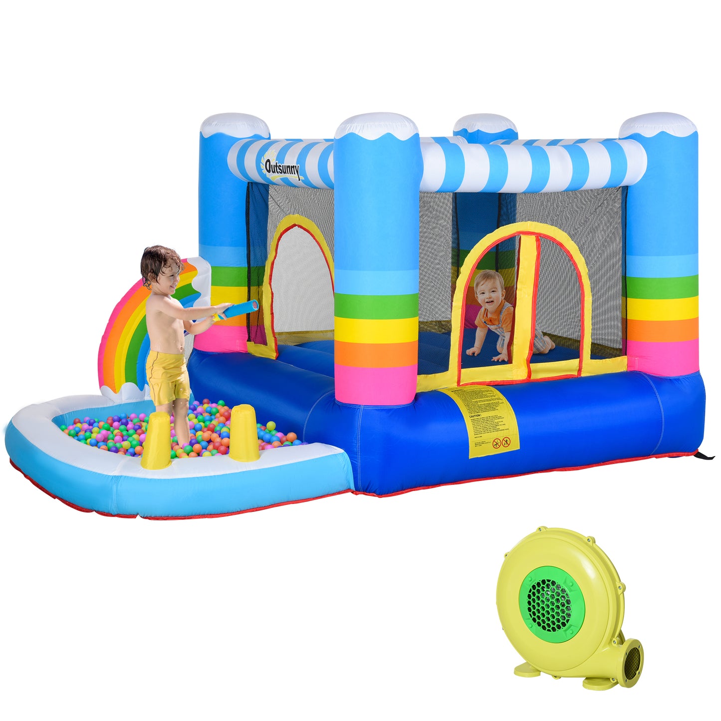 Outsunny Inflatable Bounce House for Kids 2-in-1 Jumping Castle for Indoor Outdoor Party with Trampoline, Pool, Carry Bag & Air Blower