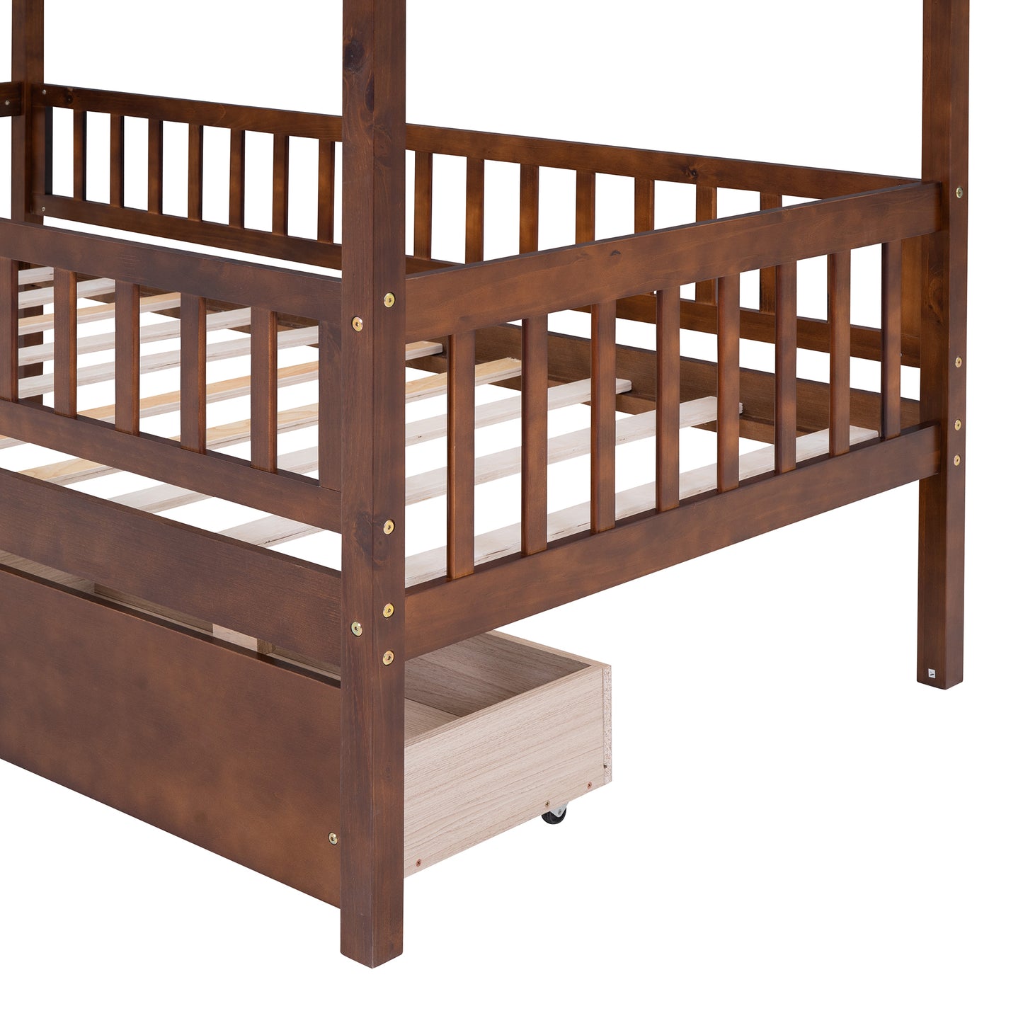 Twin Size Wooden House Bed with Two Drawers, Walnut