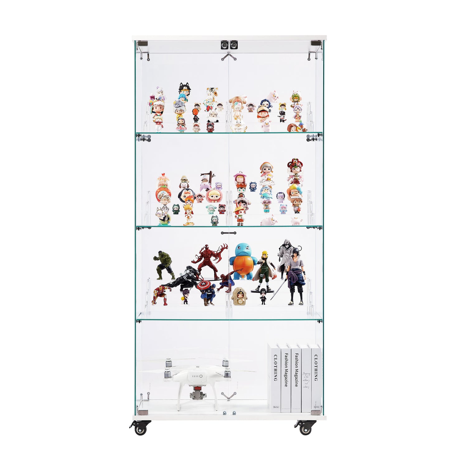 4 Tier Glass Display Cabinet, Double Door Glass Cabinet with Two Locks, Floor Standing Storage Cabinet with 6 Acrylic Shelves for Living Room, Bedroom and Office, White, 31.5"L x 14.2"W x 65.1"H