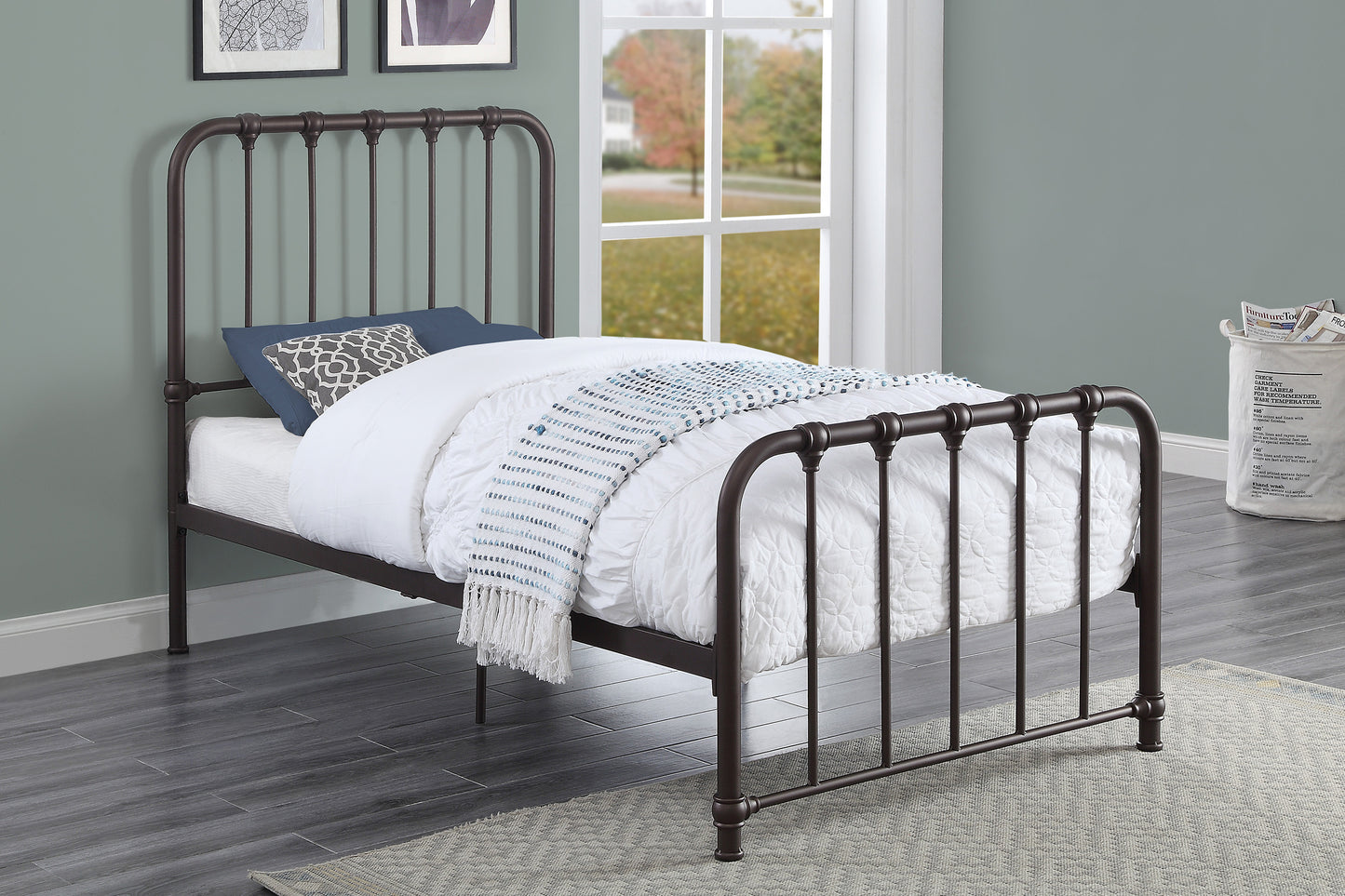 Metal Bed Dark Bronze Finish Twin Platform Bed 1pc, Bed in a Box