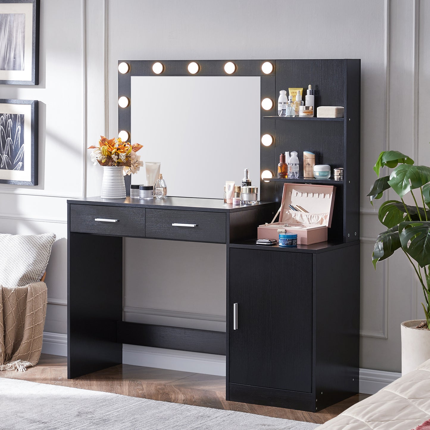 Vanity Desk with Mirror and Lights, 46.4IN Dressing Table with 2 Large Drawer&Large Vertical Organizer, 3 Level Dresser & 3 Lighting Modes Adjustable Brightness, Suitable for Bedroom(Black)