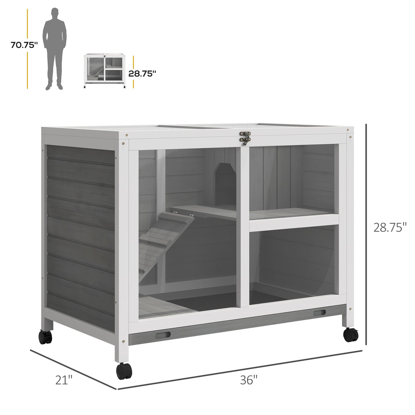 PawHut Indoor Rabbit Hutch with Wheels, Desk and Side Table Sized, Wood Rabbit Cage, Waterproof Small Rabbit Cage, Gray