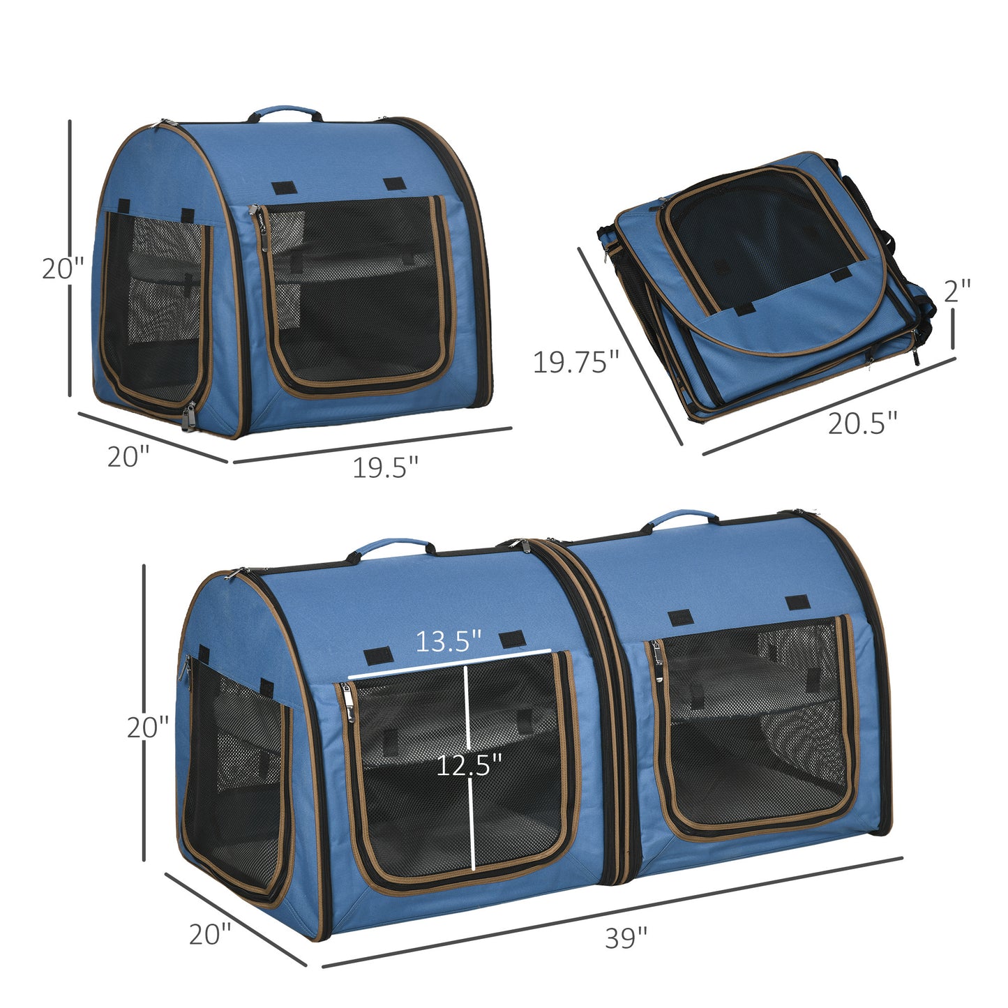 PawHut 39" Portable Soft-Sided Pet Cat Carrier with Divider, Two Compartments, Soft Cushions, & Storage Bag, Blue