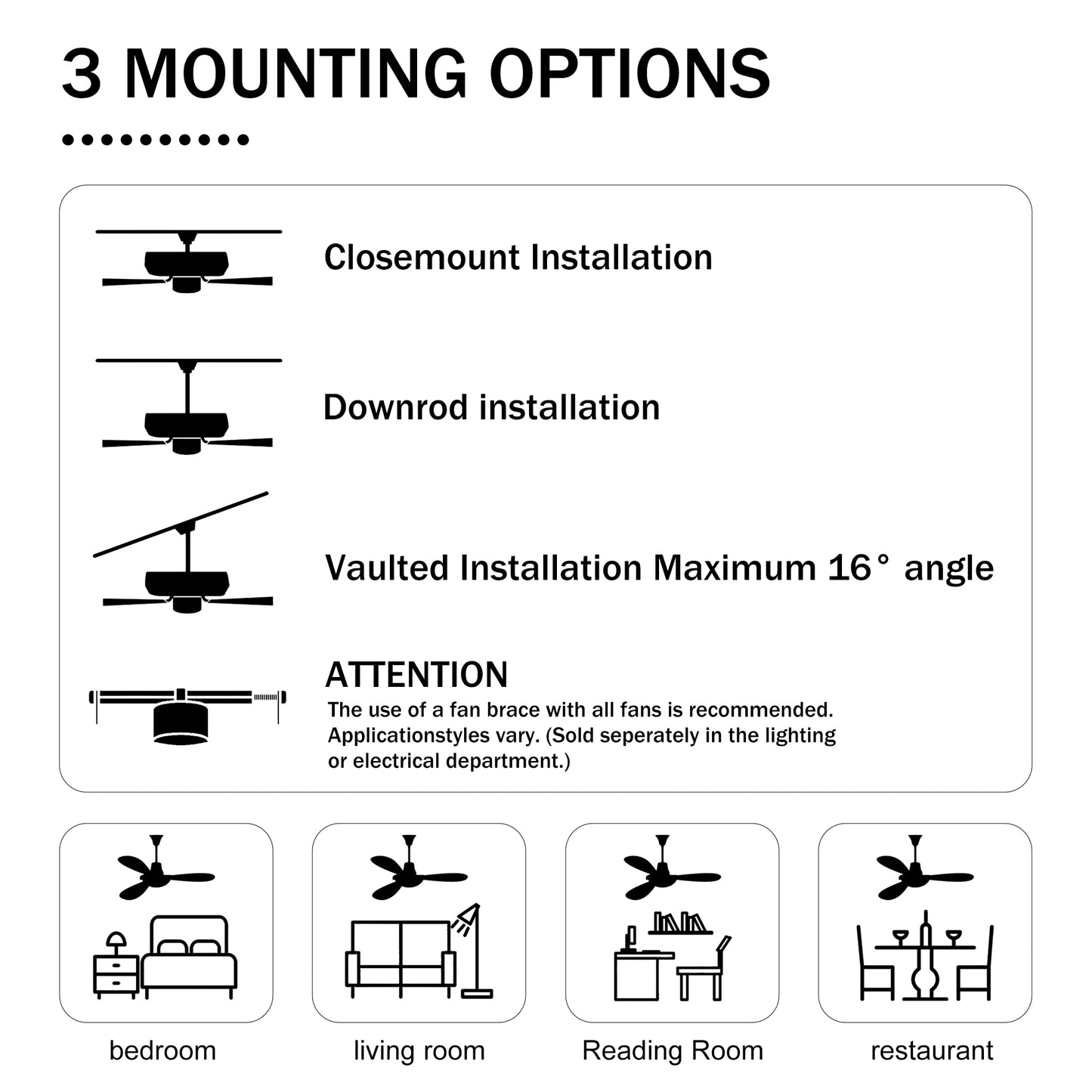 52 Inch Farmhouse Ceiling Fan with  Remote,3-Lights Ceiling Fan with  Light Fixture (No include Bulbs), Ceiling Fan for Patio,Living room,Bedroom --Black Matte+Wood Grain