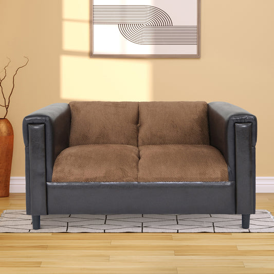 Brown Chenille and Faux Leather Loveseat Sofa for Living Room, Modern Décor Love Seat Mini Small Couches for Small Spaces and Bedroom with Solid Wood Frame