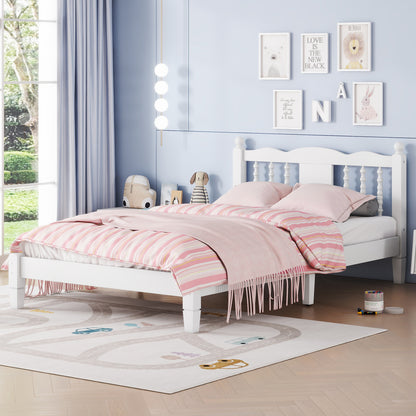 Twin Bed with Column-Decoration Headboard, with Bed Slats,White