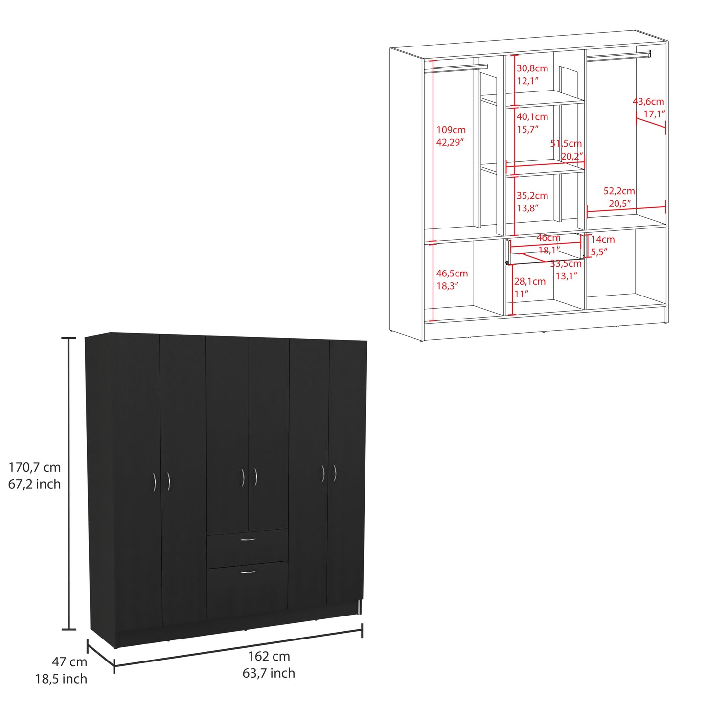 Six Doors Armoire Maya, Bedroom, Black / White