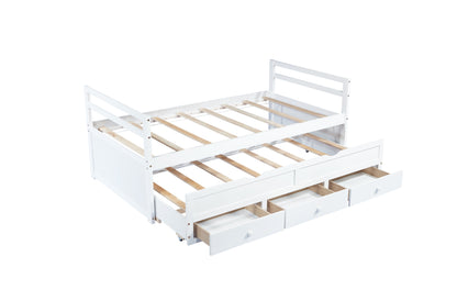 Twin Size Bed with Headboard, Footboard, Trundle and Three Storage Drawers, Twin Size Pine Wood Bed with Headboard, Footboard,White