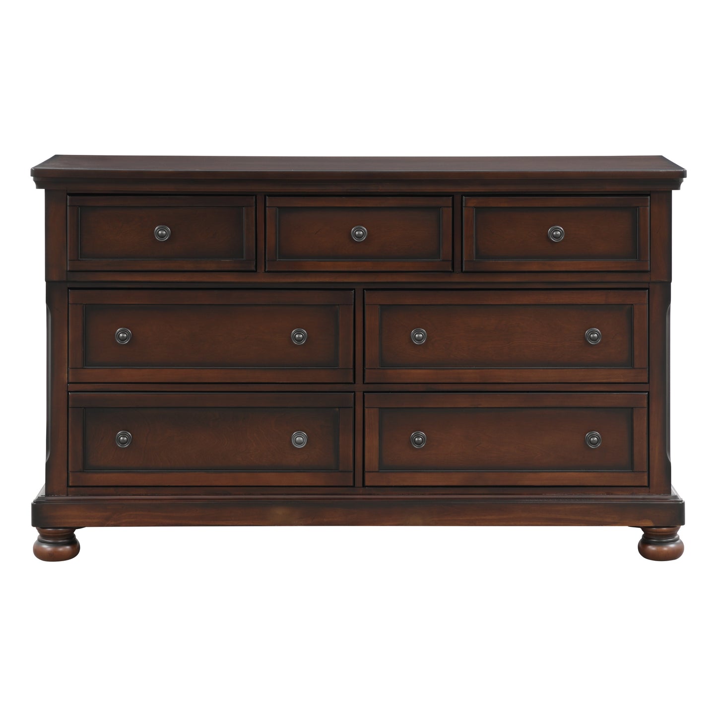 Classic Transitional Dresser of 7 Drawers Brown Cherry Finish Birch Veneer Hidden Drawer Bun Feet Bedroom Traditional Furniture