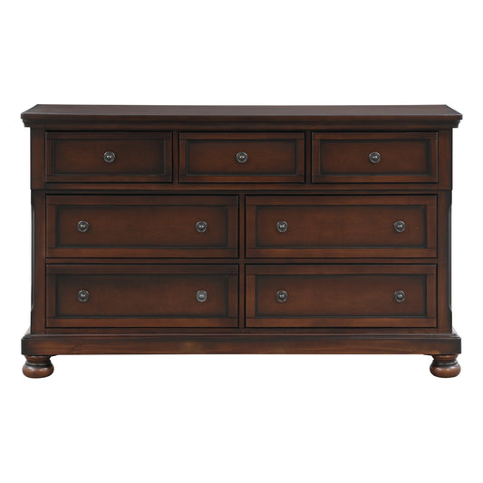 Classic Transitional Dresser of 7 Drawers Brown Cherry Finish Birch Veneer Hidden Drawer Bun Feet Bedroom Traditional Furniture