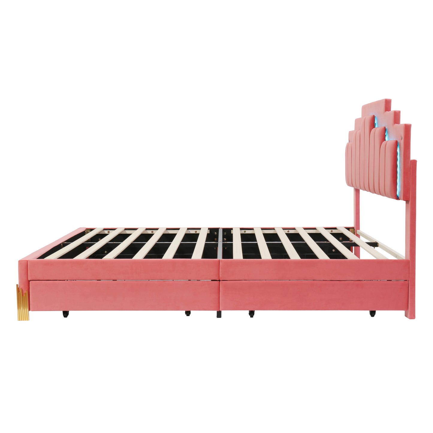 Queen Size Upholstered Platform Bed with LED Lights and 4 Drawers, Stylish Irregular Metal Bed Legs Design, Pink