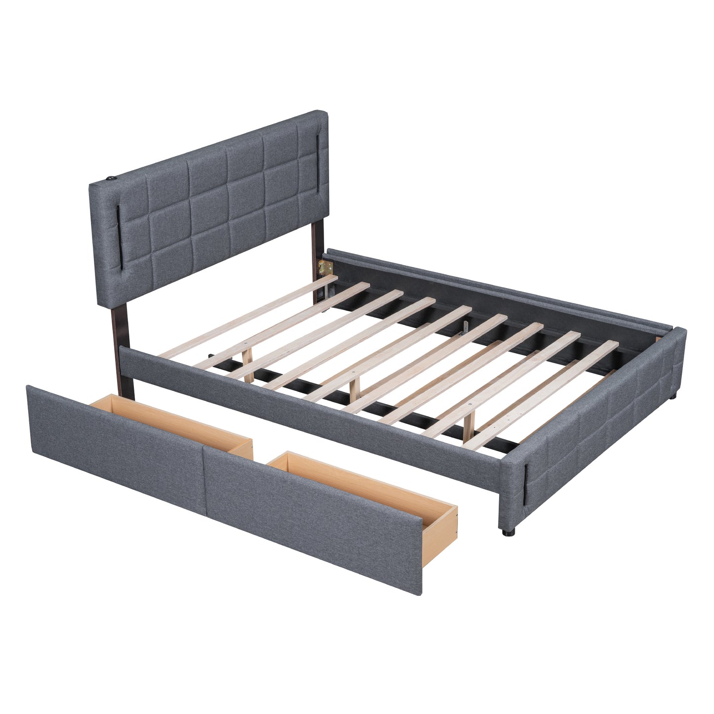 Queen Size Upholstered Platform Bed with Trundle and Drawers, Gray