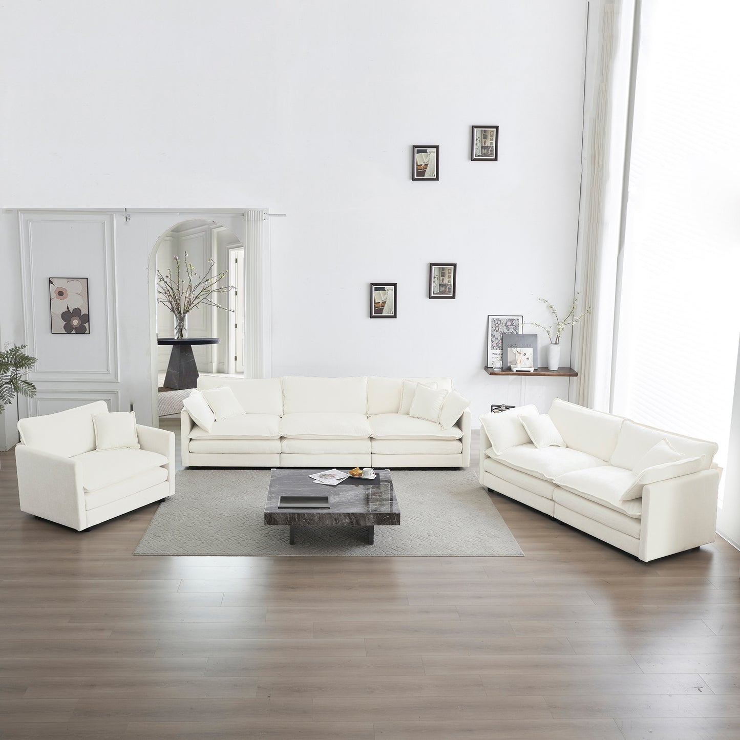 Modern Sofa Couch, 3 Piece Set Extra Deep Seat Sectional Sofa for Living Room, Oversized Sofa, 3 Seat Sofa, Loveseat and Single Sofa, White Chenille