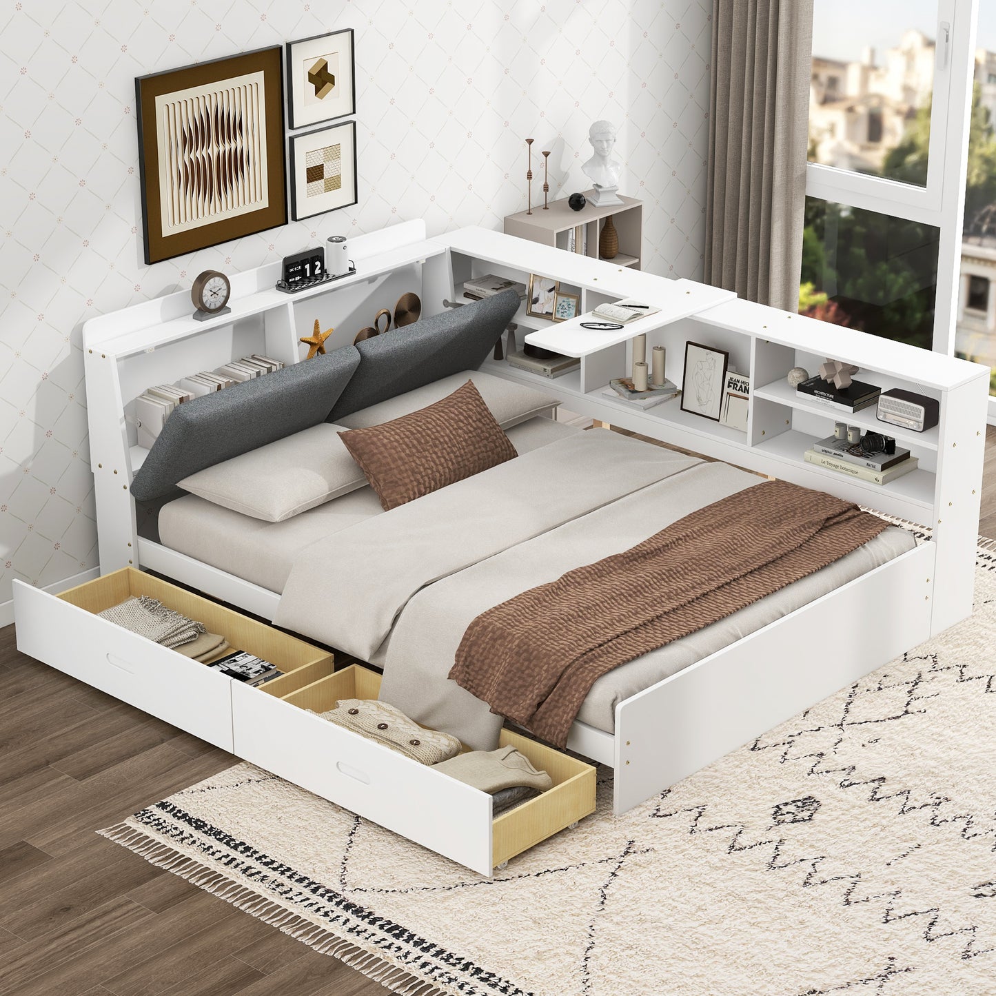 Wood Full Size platform bed with Storage Headboard, Shelves and 2 Drawers, White