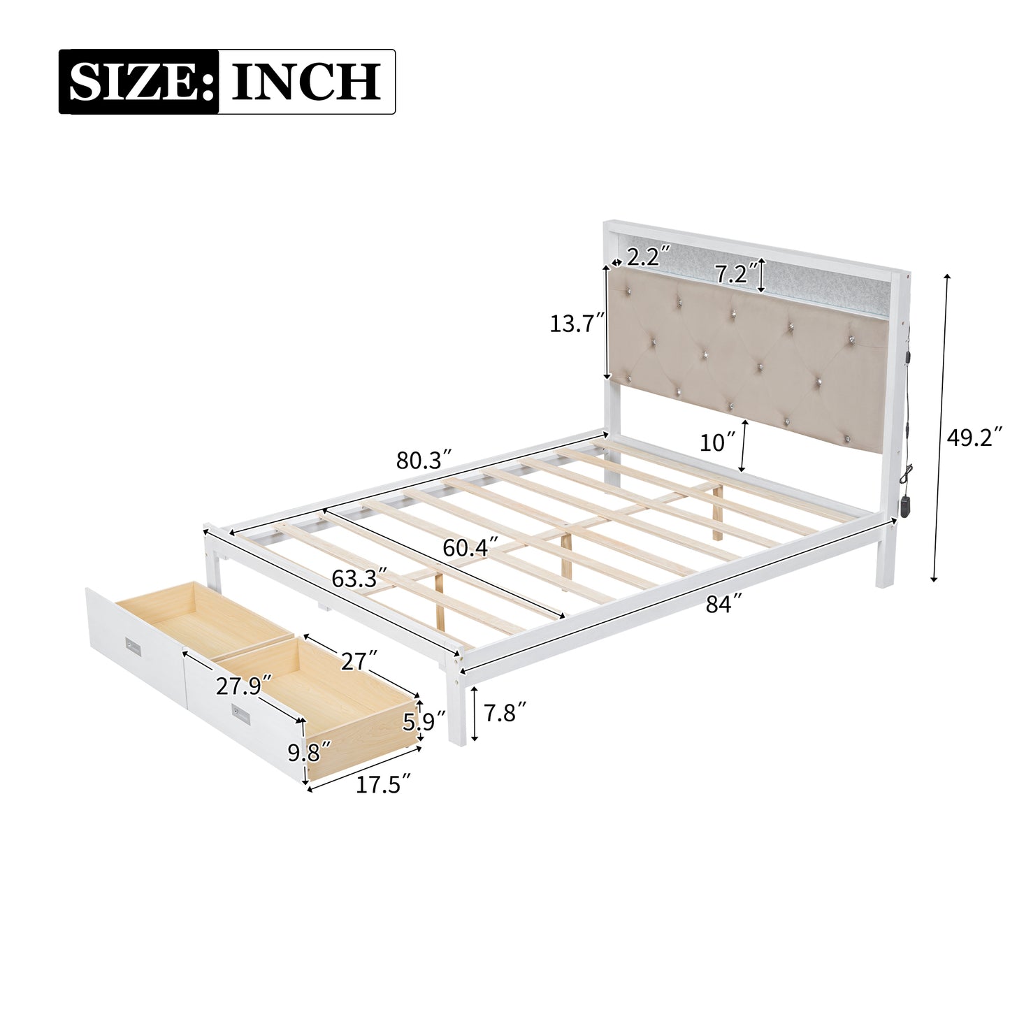 Wood Queen Size Platform Bed with Upholstered Headboard and LED and 2 Drawers, Antique White