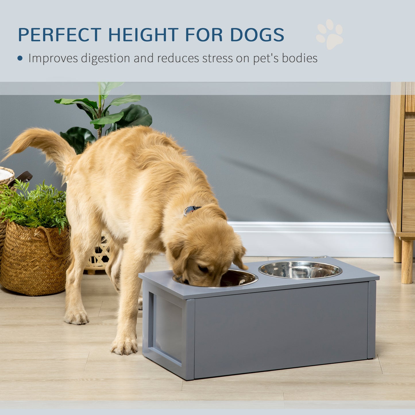 PawHut Elevated Dog Bowls, Raised Dog Bowl Stand with Storage, 2 Stainless Steel Bowls, Pet Feeding Station for Medium Dogs, Indoor Use, 23.6" x 11.8" x 9.4", Gray