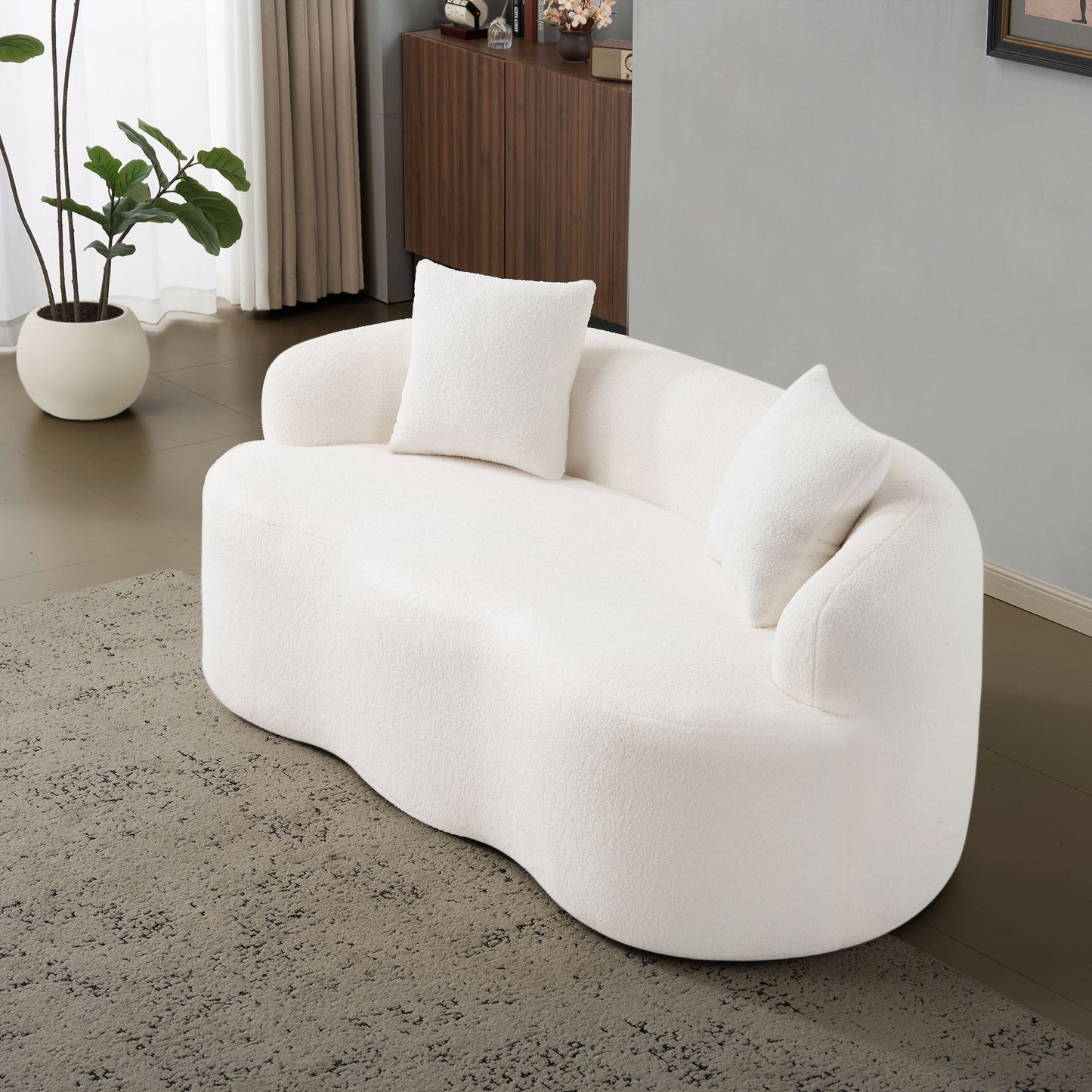 White Curved Loveseat Sofa with Round Armrest, Compression Couch with 2 Pillows, Cream Couch for Small Space, Living Room, Bedroom, No Assembly