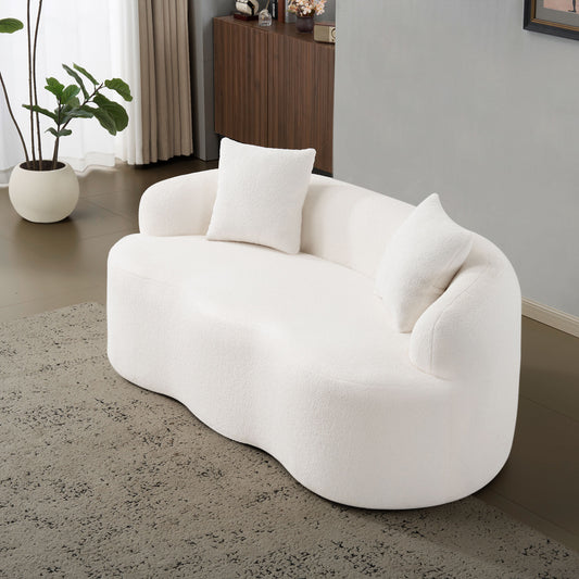 White Curved Loveseat Sofa with Round Armrest, Compression Couch with 2 Pillows, Cream Couch for Small Space, Living Room, Bedroom, No Assembly