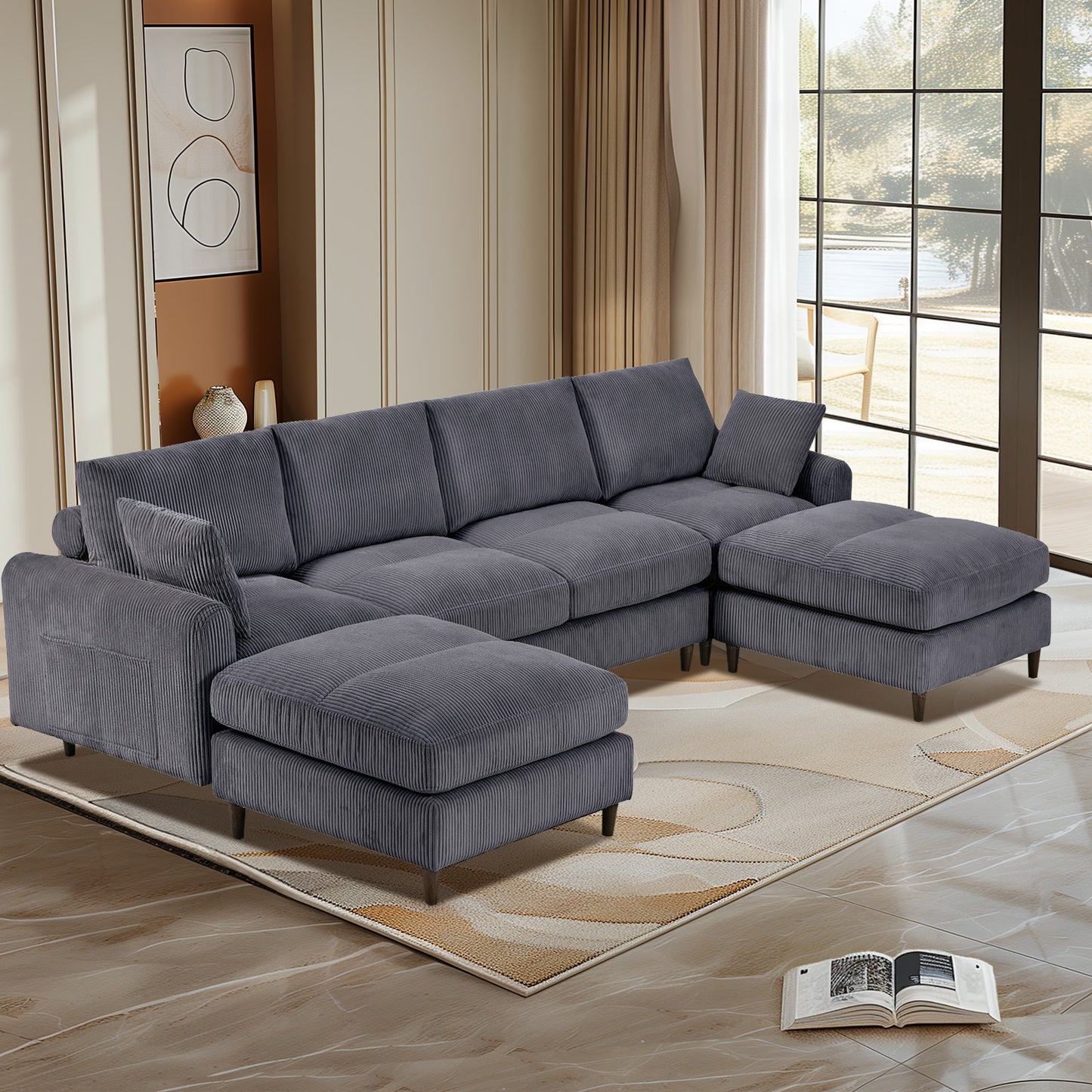 Modern corduroy modular section sofa, U-shaped convertible L-shaped sofa set with pillow, oversized sectional sofa with footstool, suitable for living room, attic, apartment, office - Gray 6 seat