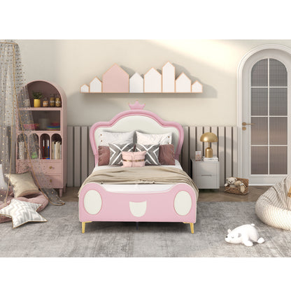 {NEW}Twin Size Princess Bed with Crown Headboard, PU Upholstered Platform Bed , Twin Size Bed Frame with Bed-End Storage Pocket for Kids Girl, No Spring Box Needed, Easy Assembly, Pink