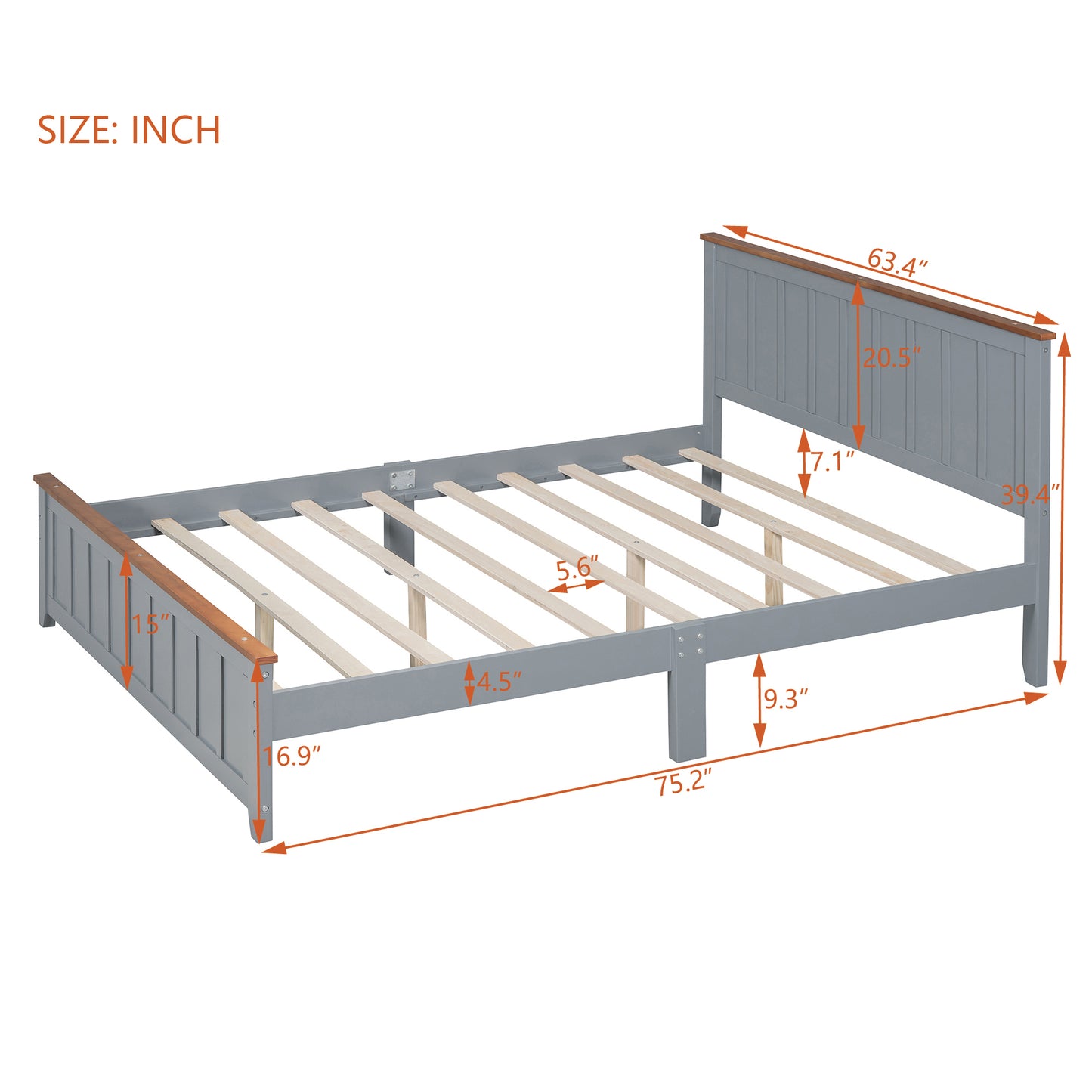 Queen Size Wood Platform Bed Wooden Slat Support, Vintage Simple Bed Frame with Rectangular Headboard and Footboard, Grey