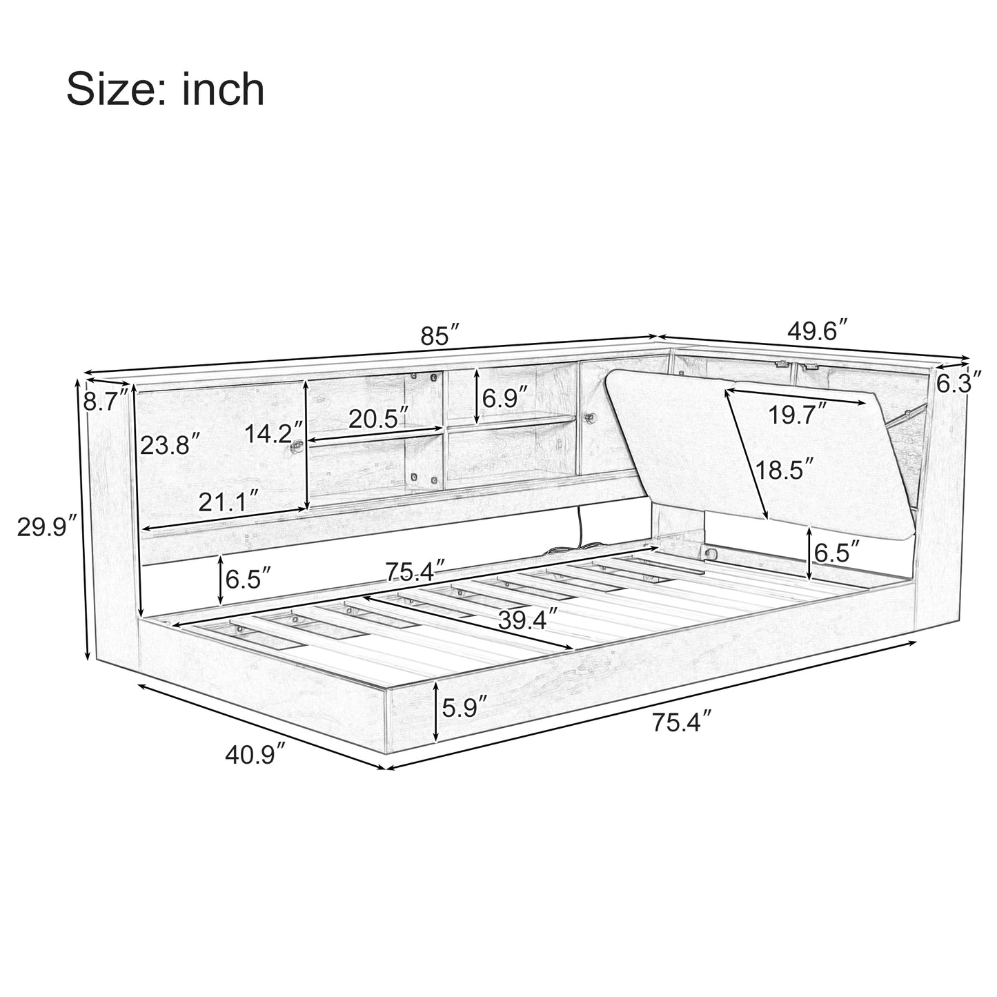 Wooden Twin Size L-shaped Daybed Floor Corner Bed with Storage Bookcase and Upholstered Headboard and USB Charging Ports for Limited Space, Walnut