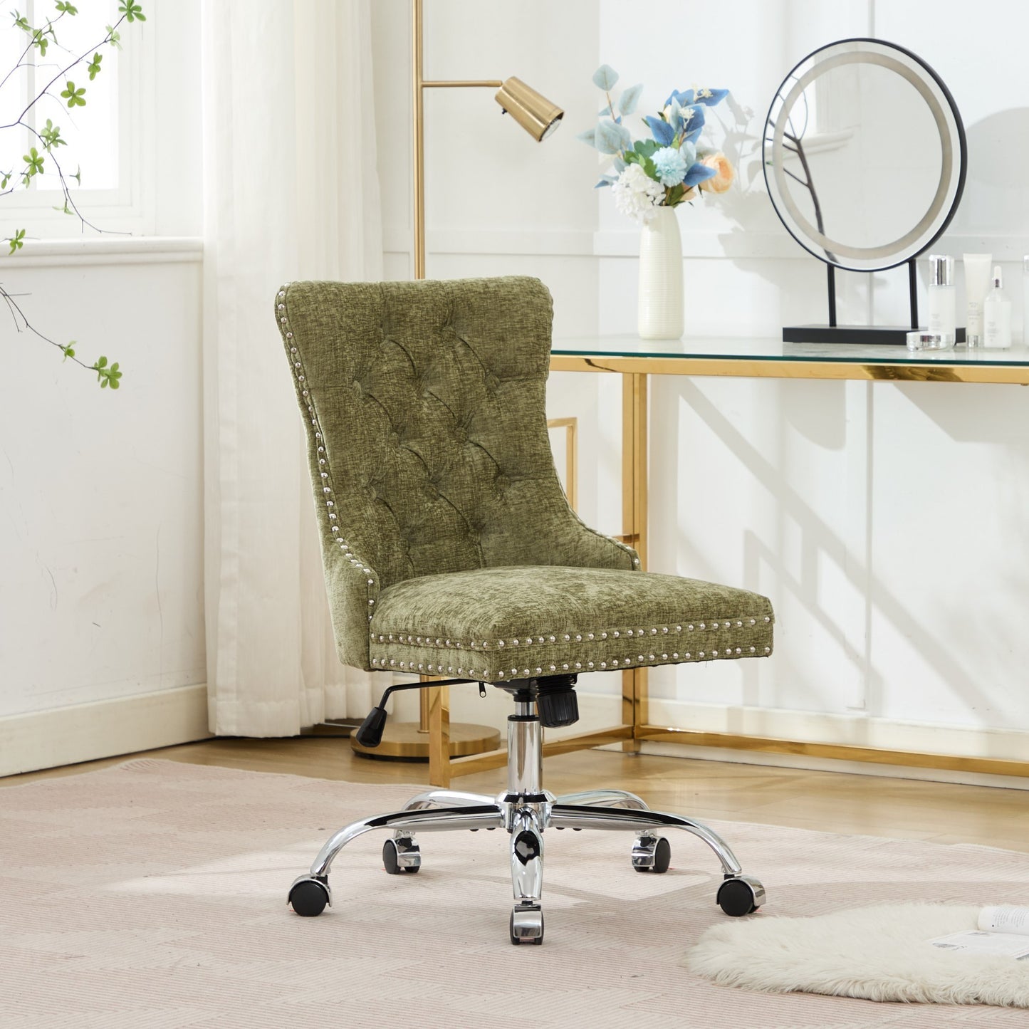 A&A Furniture Office Chair,Modern Chenille Upholstered Tufted Button Home Office Chair with Chrome Metal Base,Adjustable Desk Chair Swivel Office Chair (Green)