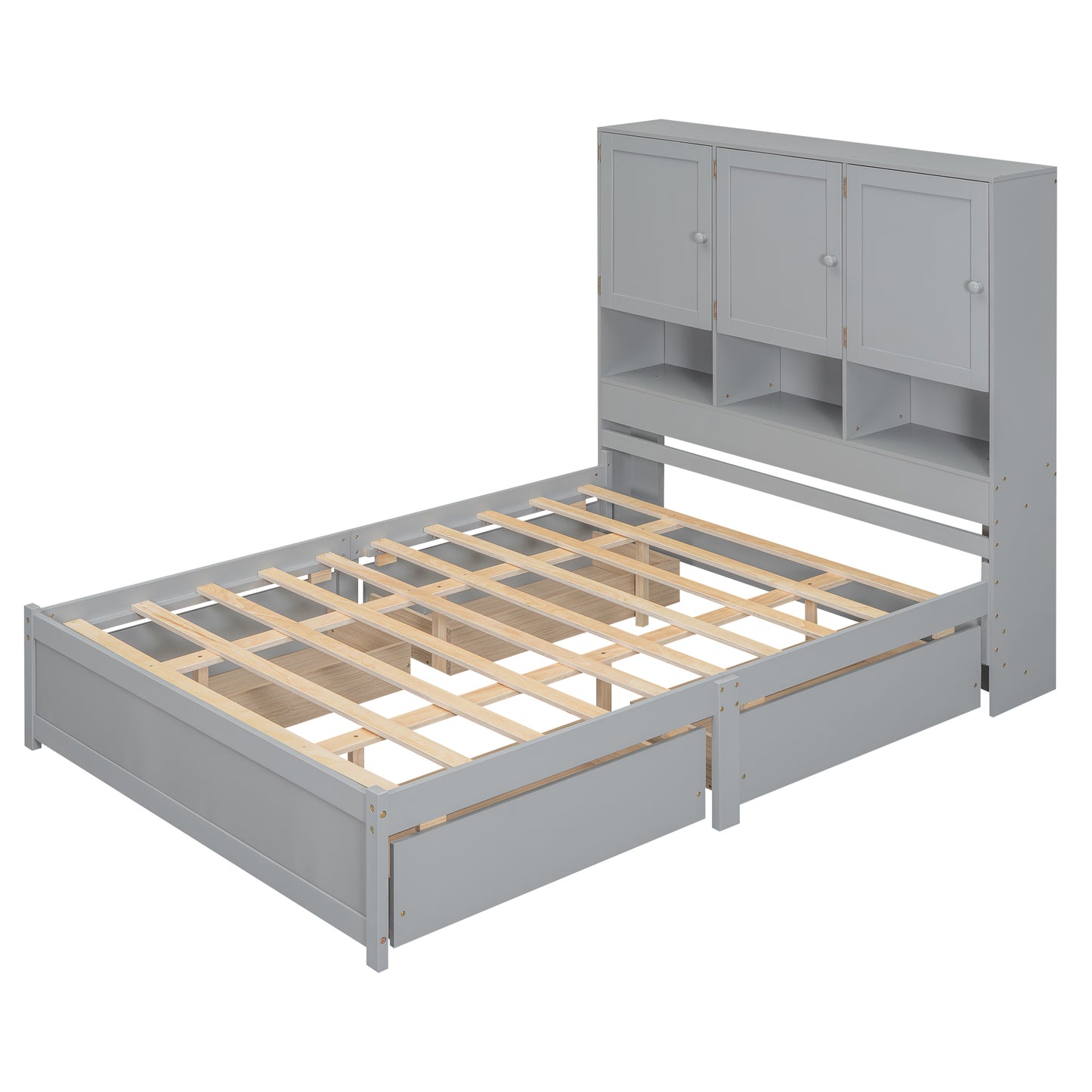 Queen Size Platform Bed with Storage Headboard and 4 Drawers, Gray